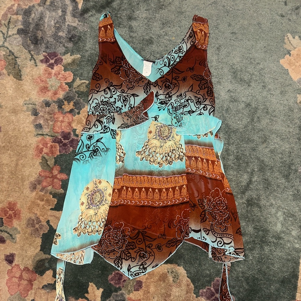 Brown and blue flowy agenda fairy whimsical tank top size medium